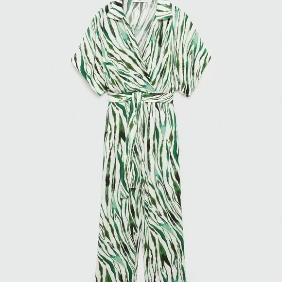 Mango green and white printed jumpsuit with bow NWT - Picture 2 of 5